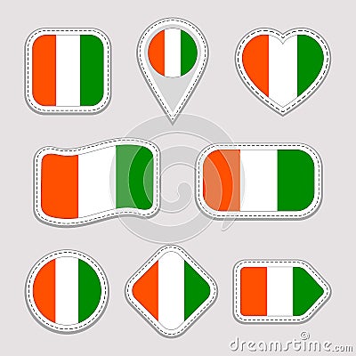 Cote d`Ivoire flag vector set. Ivorian national flags stickers collection. Vector isolated geometric icons. Web, sports Vector Illustration
