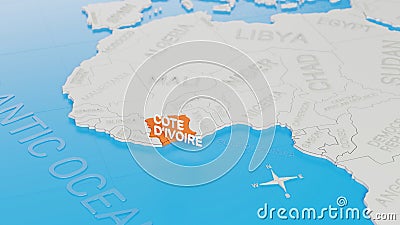 Cote d`Ivoire highlighted on a white simplified 3D world map. Digital 3D render Stock Photo