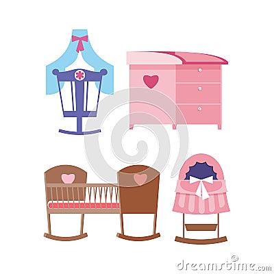 Cots and changing table for newborns, different forms, colors, size. Vector Illustration