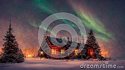 Cottage against the night sky with the Milky Way and the arctic Northern lights in snow winter. Merry Christmas mood. Cartoon Illustration