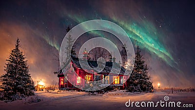 Cottage against the night sky with the Milky Way and the arctic Northern lights in snow winter. Merry Christmas mood Cartoon Illustration