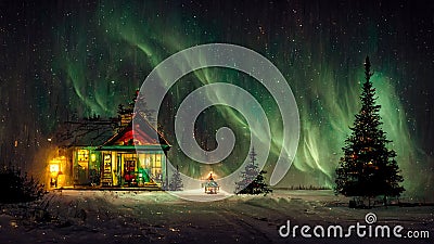 Cottage against the night sky with the Milky Way and the arctic Northern lights in snow winter. Merry Christmas mood. Cartoon Illustration