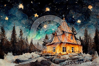 Cottage against the night sky with the Milky Way and the arctic Northern lights in snow winter painted with gouache, watercolor. Cartoon Illustration