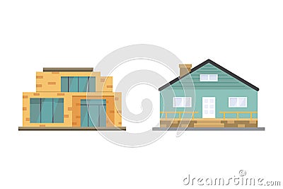 Cottage and assorted real estate building icons. Residential house collection in new cartoon style Vector Illustration