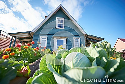 cottage with attic dormers and a vegetable garden Stock Photo