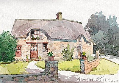 Cottage house watercolor painting at country side Cartoon Illustration