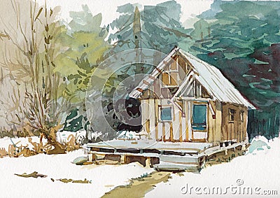 Cottage house watercolor painting at country side Cartoon Illustration