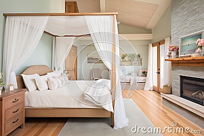 cottage bedroom with canopy bed and wooden ceiling Stock Photo