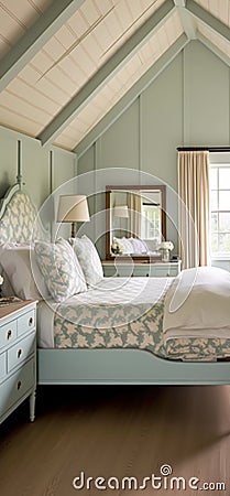 Cottage bedroom decor, interior design and holiday rental, bed with elegant bedding linen and antique furniture, English country Stock Photo