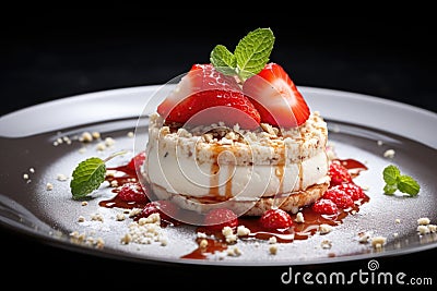 Cottage cheese cream on a shortbread base is complemented by strawberries, delicate confit and sesame seeds. The final and perhaps Stock Photo