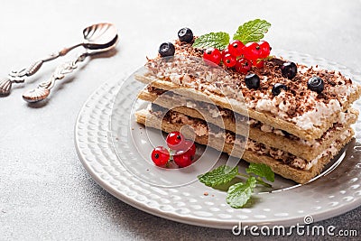 Cottage cheese dessert of crispy dietary bread, curd and blueberries with red currants. Selective focus Stock Photo