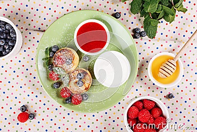 Cottage Cheese Pancake Berries Syrniki Top Flatlay Stock Photo