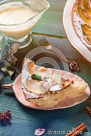 Cottage cheese pie with apples, cinnamon and vanilla cream. clouse up Stock Photo