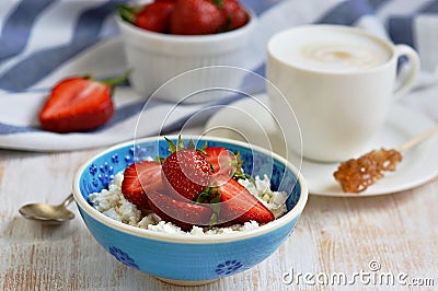 Cottage Cheese with Strawberries, Cup with Cappuccino Beverage Flowers Wooden Background Table Kitchen Stock Photo