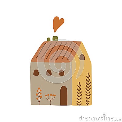 Cottage countryside Cute house hand drawing Rural building with garden flowers. Autumn landscape element Cartoon Illustration