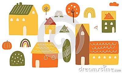 Cottage countryside Cute houses set. Rural houses collection. Autumn landscape buildings trees pumpkin Vector Illustration