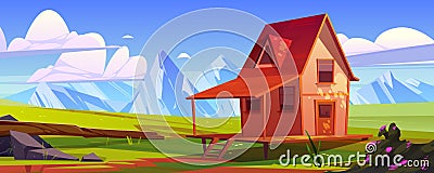 Cottage on field at mountain valley landscape Cartoon Illustration