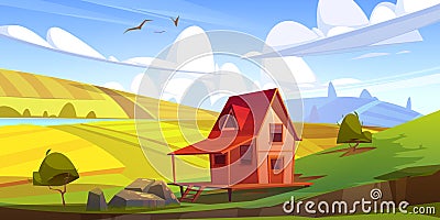 Cottage on green field, wooden house on stilts Vector Illustration