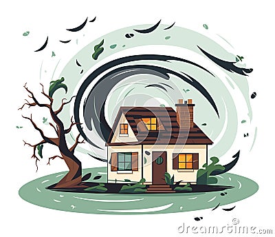 Cottage house engulfed by a tornado with a barren tree bending. Natural disaster and severe weather illustration Vector Illustration