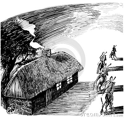 Cottage house and four horsemen Cartoon Illustration