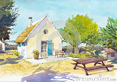 Cottage house watercolor painting at country side Cartoon Illustration