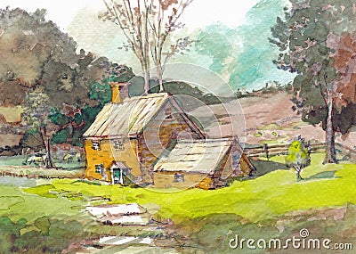 Cottage House watercolor Stock Photo