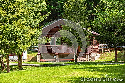 Cottage of the log. House of extruded wooden profile. Stock Photo