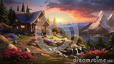 a cottage on the mountain in the beautiful scenery in the style of photo-realistic landscapes Cartoon Illustration