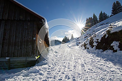 Cottage in the mountains in WInter Stock Photo