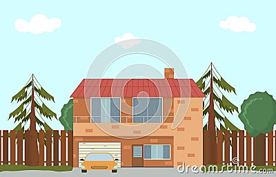 Cottage in nature. Large house with garage. Vector Illustration