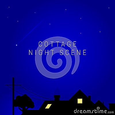 Cottage night scene. Illuminated country house. Vector illustration Vector Illustration