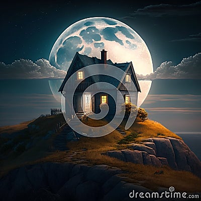 A Cottage on Top of a Hill at Night Stock Photo