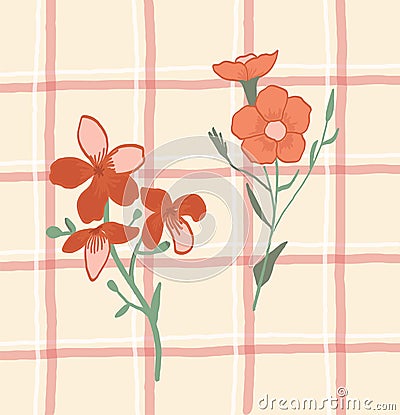 Cottagecore plaid gingham print wallpaper with red pattern. Hand drawn doodle flowers Stock Photo