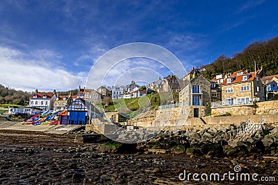 Cottages and boathouse in Runswick Bay, North Yorkshire Editorial Stock Photo