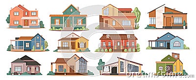 Cottages exteriors, homes and residential building Vector Illustration