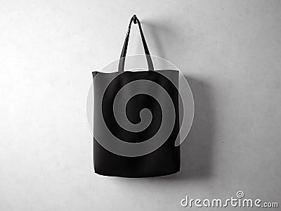 Cotton black textile bag holding, neutral background. 3d render Stock Photo