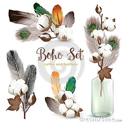 Cotton Bolls Feathers Boho Set Vector Illustration