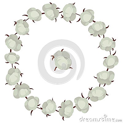 Cotton bolls wreath; round frame with cotton plants. Vector Illustration