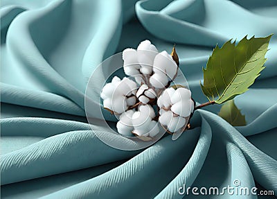 Cotton branch with green leaves on knitted background. Cartoon Illustration