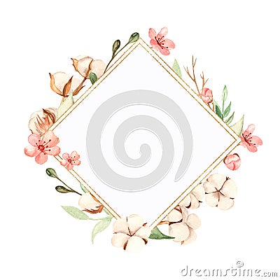 Watercolor golden rhombus frame with cotton, branches, cherry flowers and leaves Stock Photo