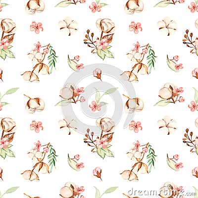 Watercolor seamless pattern with multidirectional cotton branches, leaves and cherry flowers on a white background Stock Photo