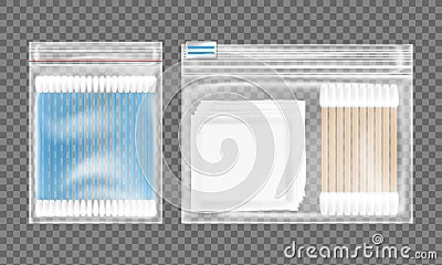 Cotton buds and cotton pads packed in plastic bags. Vector Illustration