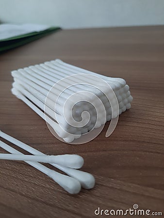 cotton buds on table wood Stock Photo