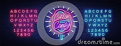 Cotton candy neon sign. Cotton candy logo in neon style symbol banner light, bright cotton candy night advertising Vector Illustration