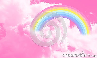 Cotton candy sky pink background illustration, rainbow in the clouds. Cartoon Illustration