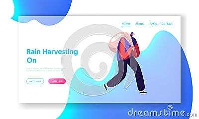 Cotton Harvesting Website Landing Page. Man Seasonal Worker Carry Sack Full of Raw Materials on Cottonfield Vector Illustration