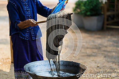 Cotton line dyeing with natural colors,Yarn, raw materials for cotton,Dyeing silk, Using traditional natural materials, Raw Stock Photo