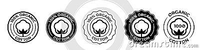 Cotton organic 100 icons, cotton flower logo natural eco and bio vector stamps on textile fabrics and skincare cosmetics Vector Illustration