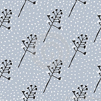 Cotton outline branch silhouette seamless pattern. Black ornament on blue soft background with dots Cartoon Illustration