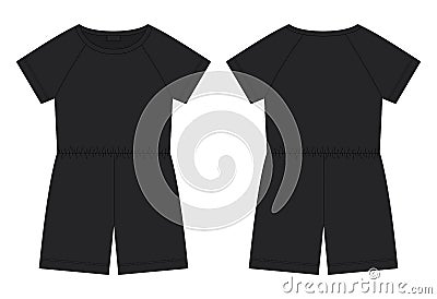Cotton oversized raglan jumpsuit technical sketch. Black color. Women`s romper design template Vector Illustration
